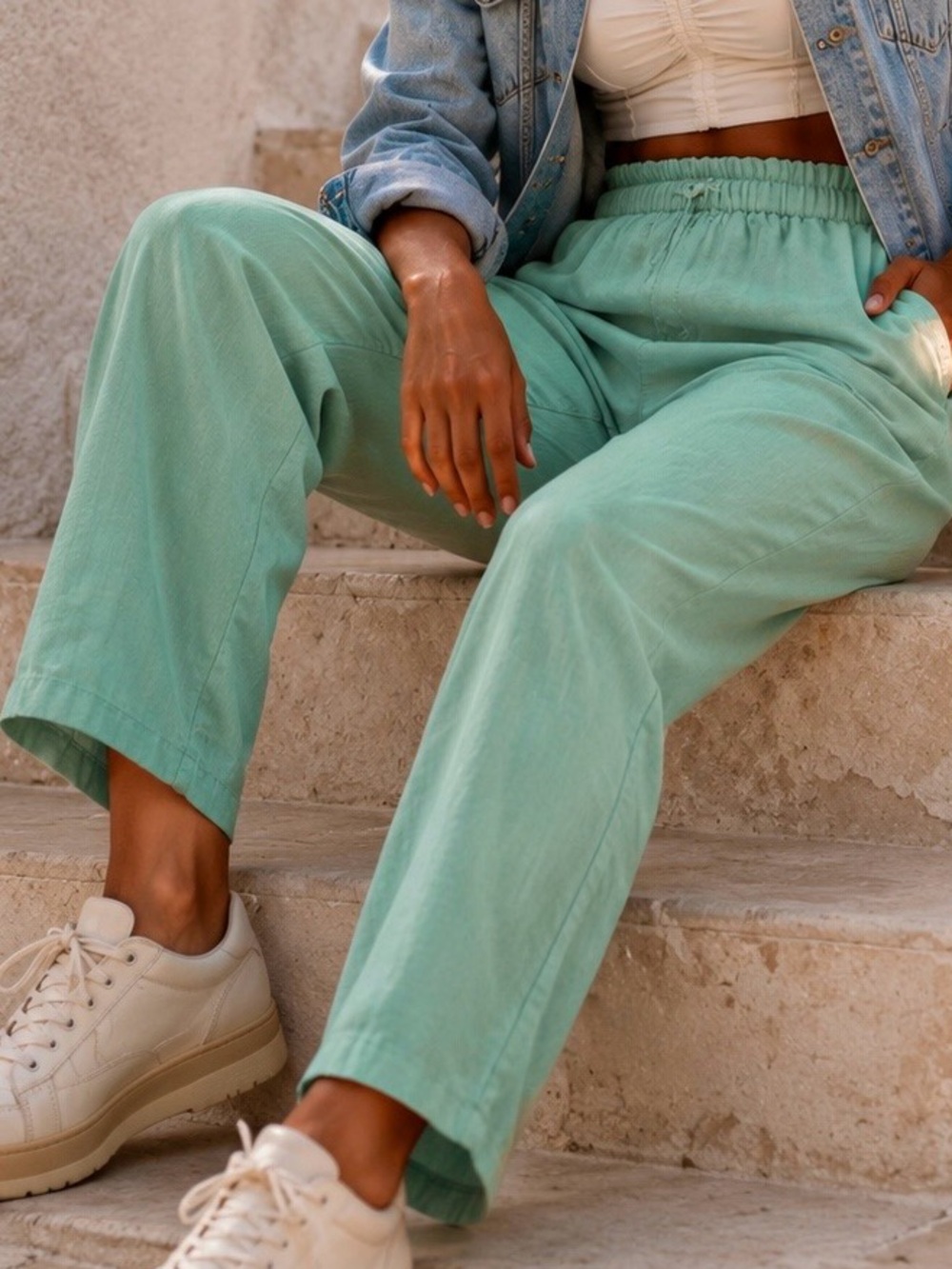 Organic Cotton Linen Ankle Pants Elastic High Waist Relaxed Boho Trousers S/M